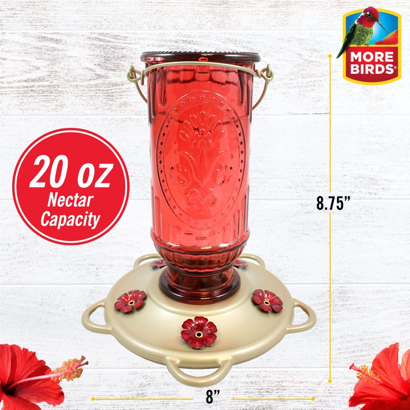 More Birds Red Vintage Hummingbird Feeder, Antique Glass Hummingbird Feeders for Outdoors, 5 Feeding Stations, 20 Ounces - Image 3